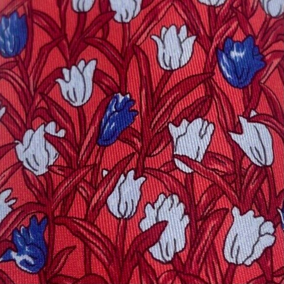 100% REAL HERMES TIE ~ RED w LIGHT & BRIGHT BLUE TULIPS